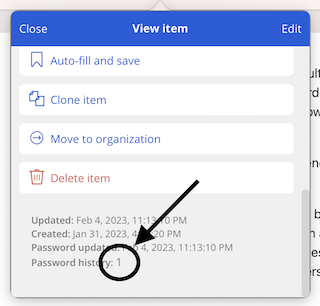 A Bitwarden vault entry with a circle around the number &lsquo;1&rsquo; with an arrow pointing at it. The number looks like text with no indications it can be interacted with